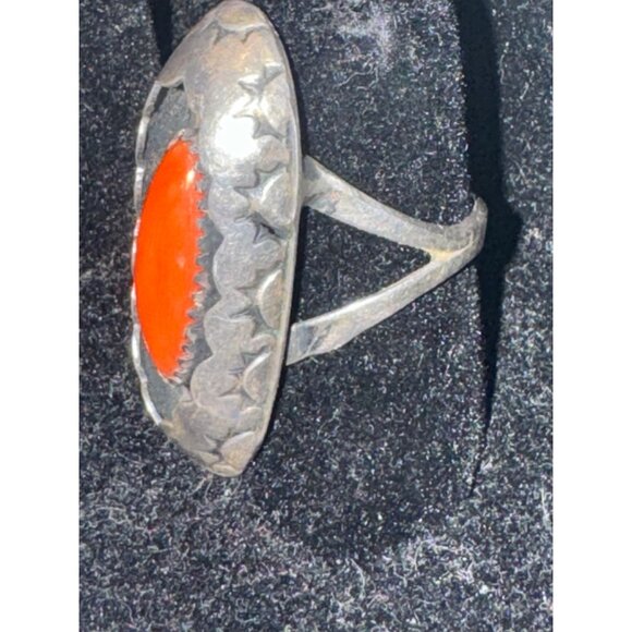 Shadow Box Coral Navajo Native American Sterling Silver Ring Size 7 - Picture 4 of 9